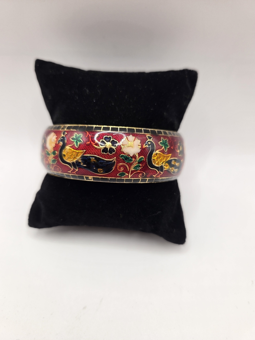 1676. Enamel Red Peacock Bangle Bracelet